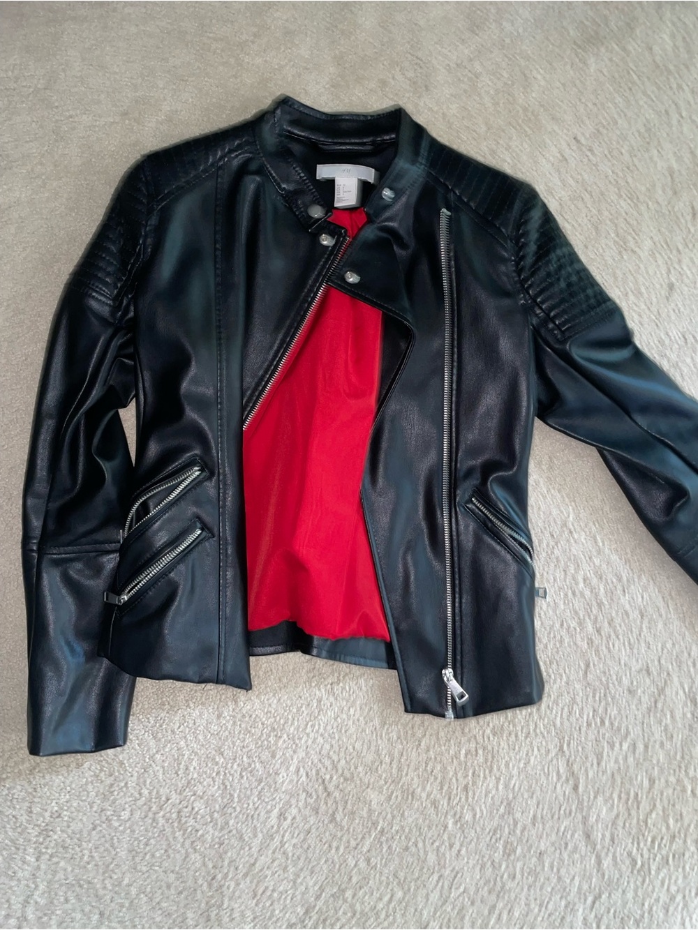 H&M Black Faux Leather Moto Jacket with Red Lining
